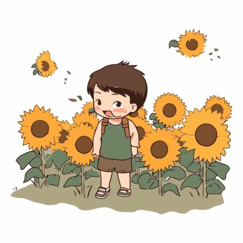 cute little boy with sunflowers cartoon vector illustration grap