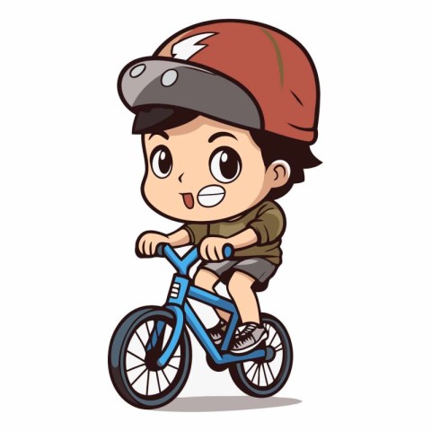 Boy riding bike vector illustration. Cartoon boy in helmet ridin