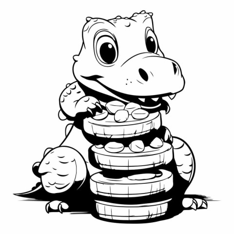 Cute Dinosaur with Coins - Black and White Cartoon Illustration.