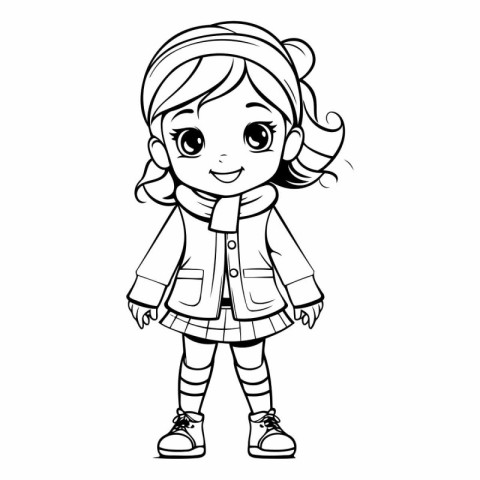 Coloring Page Outline Of Cartoon Cute Little Girl.