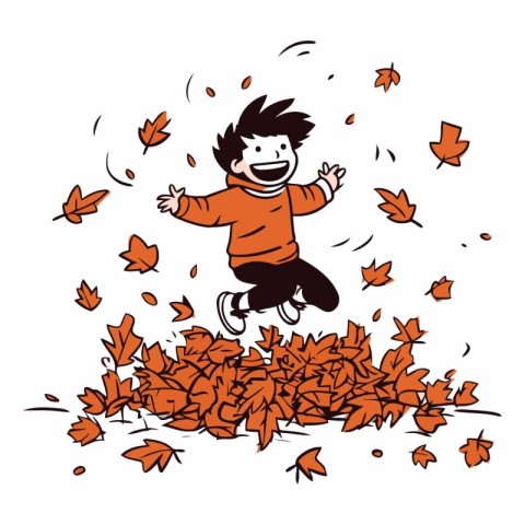 Happy boy jumping in the autumn leaves. Hand drawn vector illust