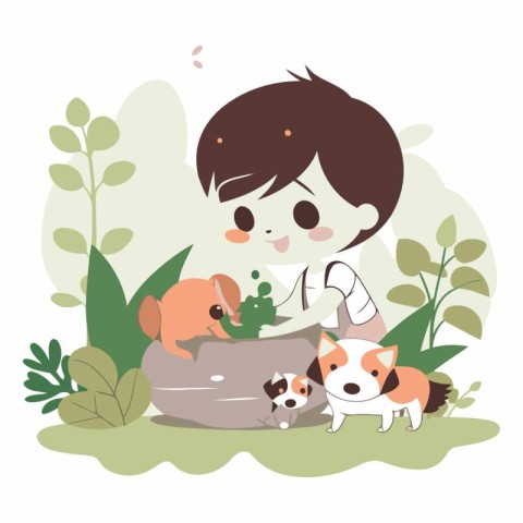 Boy playing with pets in the garden. Flat style vector illustrat