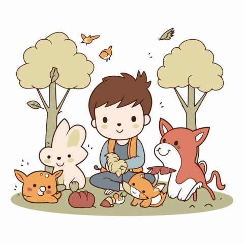 cute little boy playing with animals in the park vector illustra