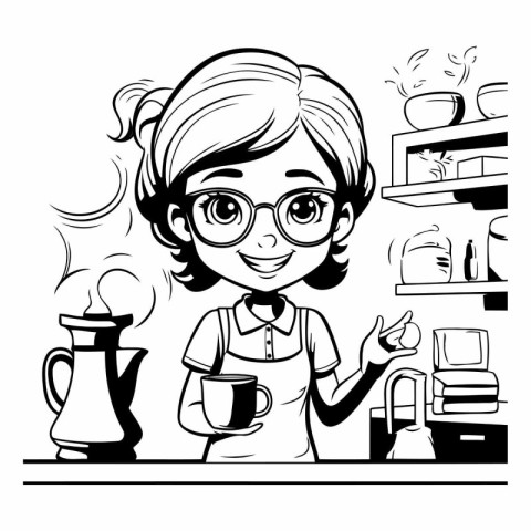 Cute cartoon girl in apron and glasses with coffee cup.