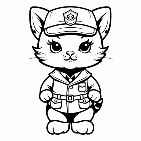 Black and White Cartoon Illustration of Cat Police Officer Chara