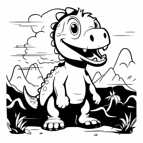 Black and White Cartoon Illustration of Dinosaur Comic Character