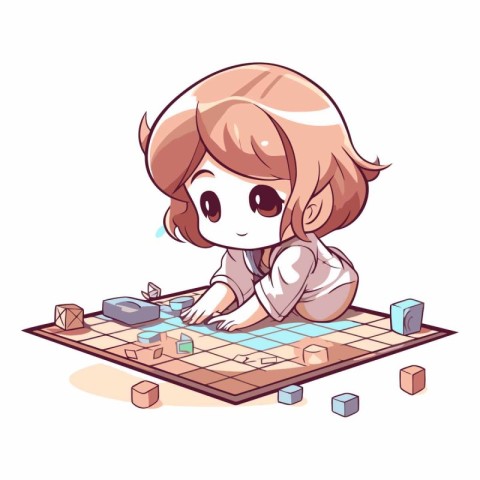 Illustration of a Cute Little Girl Playing Chess on a Board