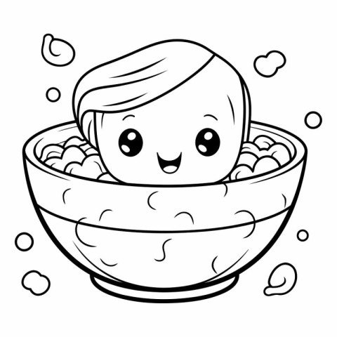 Black and White Cartoon Illustration of Cute Baby Boy Bathing in