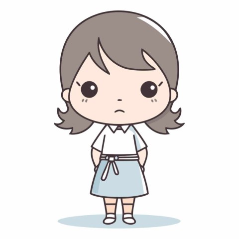 Sad little girl with long hair. Cartoon style.