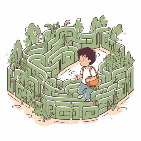 Maze game for children with a boy in the labyrinth