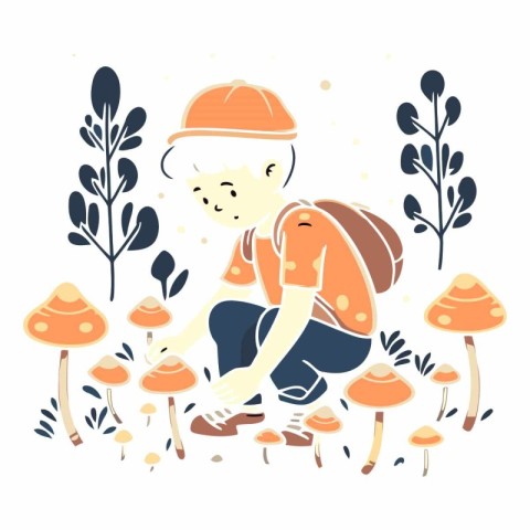 Cute vector illustration of a boy picking mushrooms in the fores