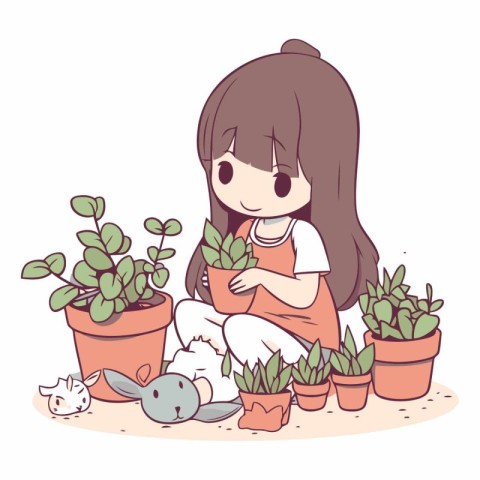 Girl taking care of houseplants. Cute cartoon vector illustratio