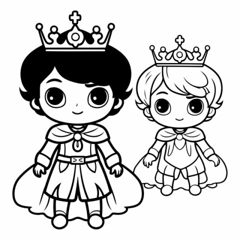 Black and White Cartoon Illustration of Little Princess and Prin