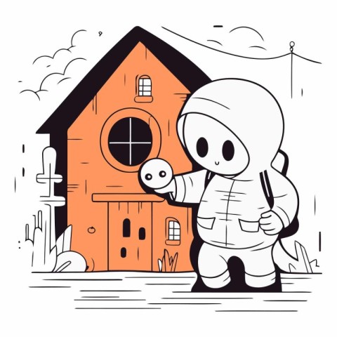 Cute little astronaut in front of the house.