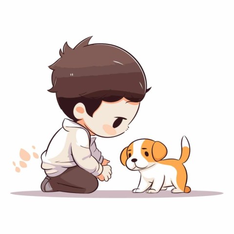 Little boy playing with his dog. Cute cartoon vector illustratio