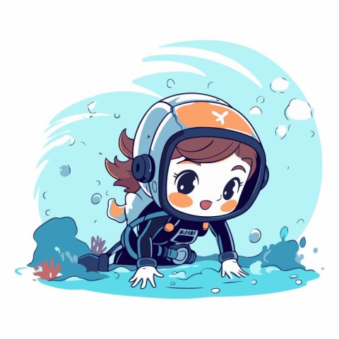 Vector illustration of cute little girl cosmonaut in the sea.