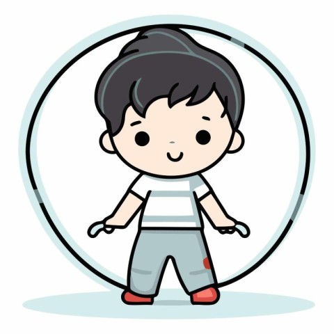 Boy cartoon standing in front of a round mirror.