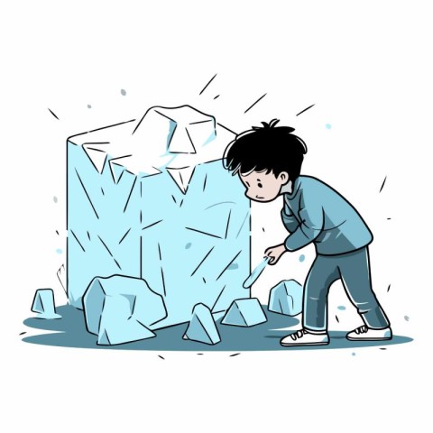 Vector illustration of a boy trying to break ice. Cartoon style.