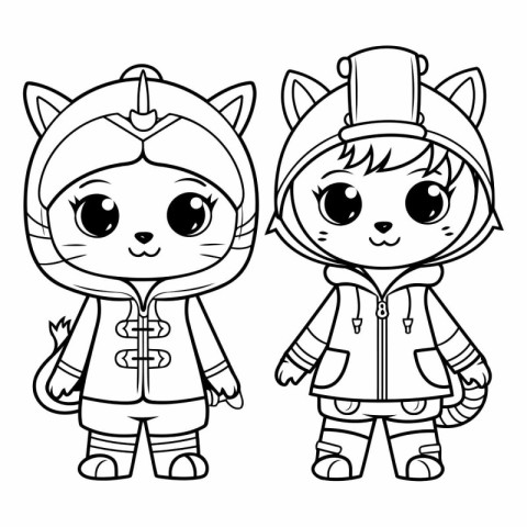 Cute cartoon cat and girl in winter clothes. Coloring book for c