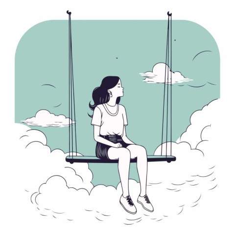 Girl sitting on a swing in the clouds in a flat style.