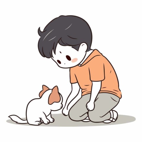 Boy petting a dog isolated on white background.