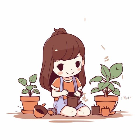 Cute little girl with a pot of plants.