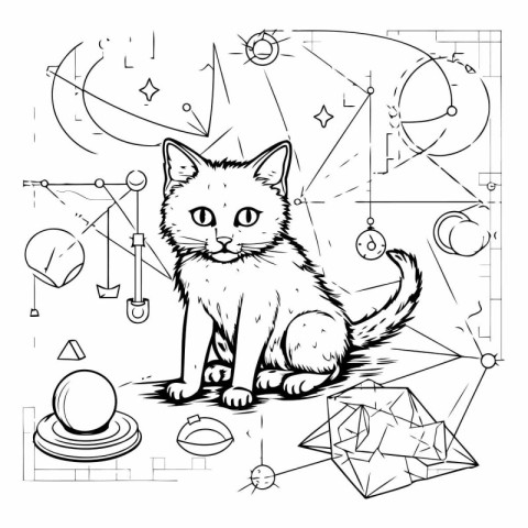 Vector illustration of a cat sitting on an abstract background.