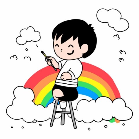 Cute boy painting with brush on the rainbow.