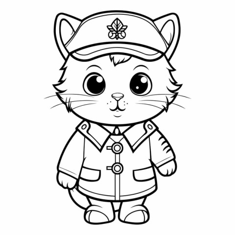 Coloring Page Outline of Cute Cat Captain Cartoon Character for