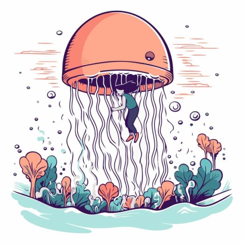 Jellyfish in the ocean in cartoon style.