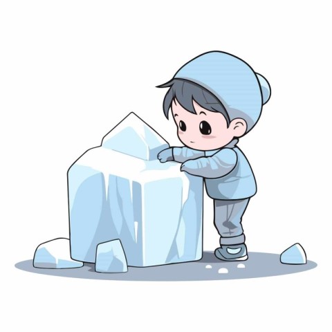 Cute little boy playing with ice block. Cartoon vector illustrat