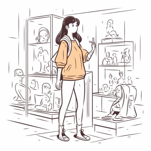 Girl looking at the exhibit in the shop. Vector hand drawn illus