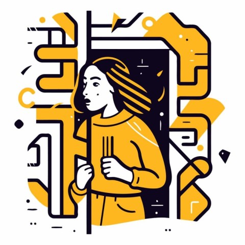 Vector line art illustration of girl with smartphone. Concept fo