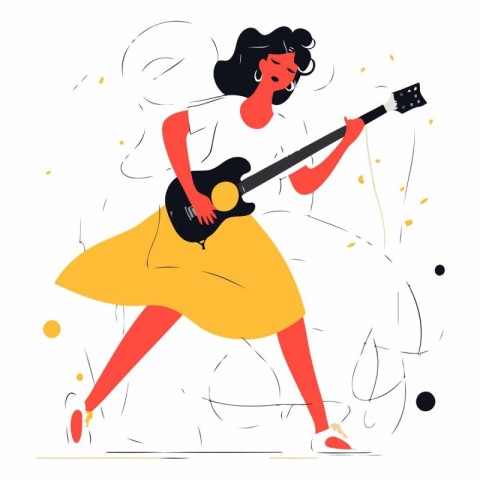 Vector illustration of a girl playing the electric guitar. Flat