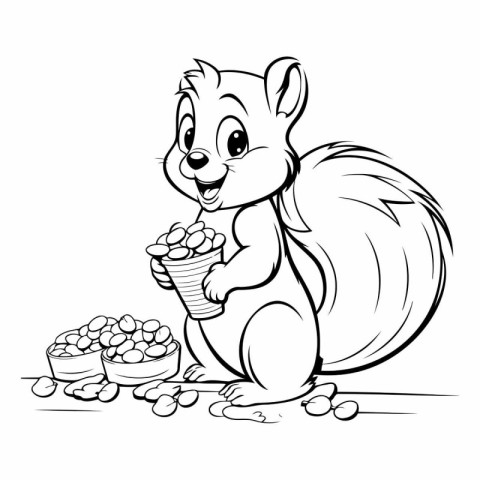 Squirrel with a bowl of nuts. Black and white vector illustratio