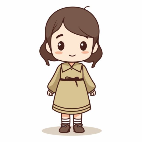 Cute little girl in brown dress. Vector cartoon character illust