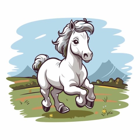 Vector illustration of a white horse running on the meadow. Cart