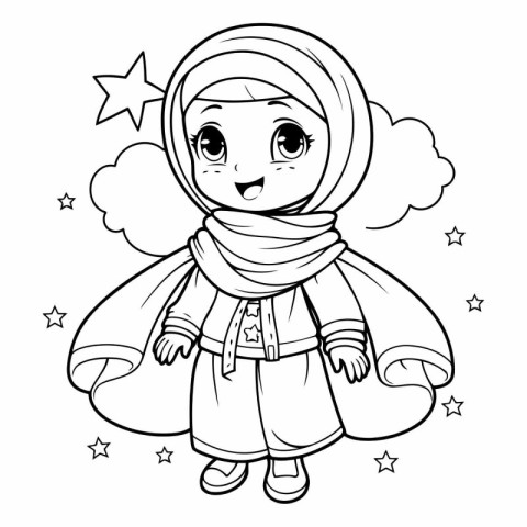 Vector illustration of a cute little girl in a Muslim costume. C