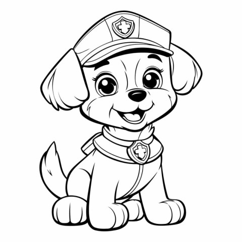 Black and White Cartoon Illustration of Cute Puppy Police Dog Co