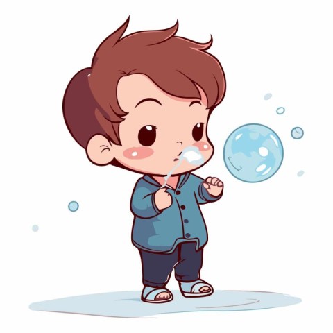 Cute little boy blowing soap bubbles on white background.