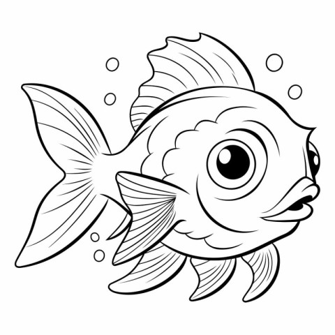 Black and White Cartoon Illustration of Cute Fish Character for