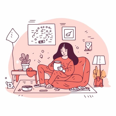 Vector illustration of a girl in pajamas sitting in the living r