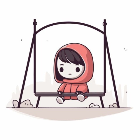 Cute little girl sitting on a swing in cartoon style.