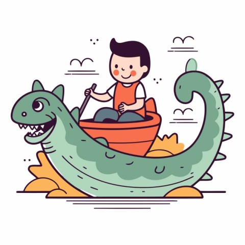 Cute little boy riding a dragon boat in cartoon style.