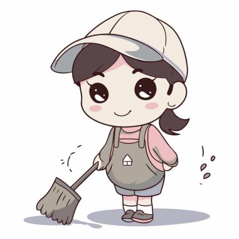 Illustration of a Cute Little Girl Cleaning the Floor with a Bro