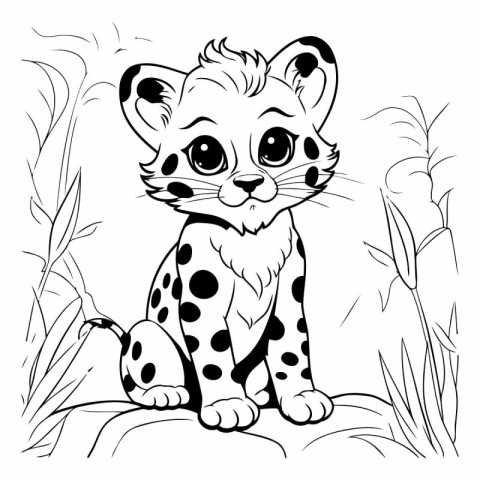 Cute little leopard sitting on the grass. Coloring book for chil