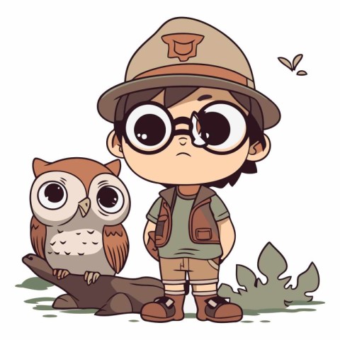 Boy in safari hat and glasses with two owls.