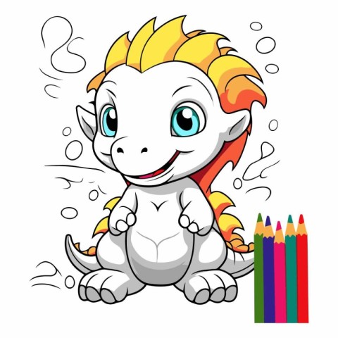 Cute little baby dinosaur sitting with colored pencils.