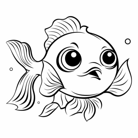 Black and White Cartoon Illustration of Cute Fish Character for