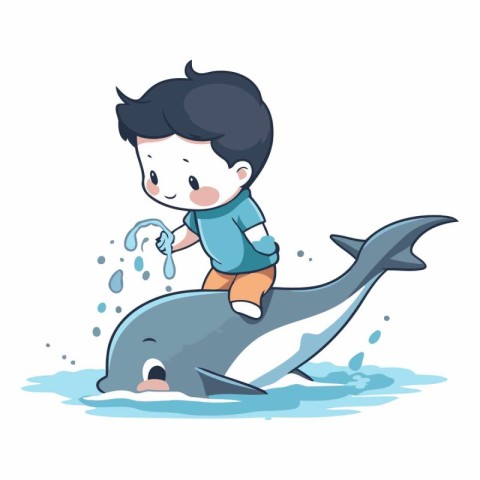 Little boy playing with a dolphin in the water.